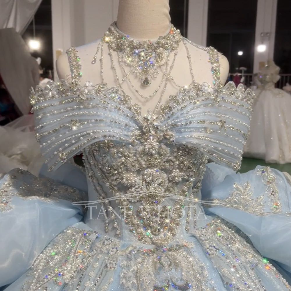 TW818 Customizable High-Neck Blue Evening Gown Off The Shoulder Lace-Up Keyhole Back Crystal Beaded Luxury Dress For 2026