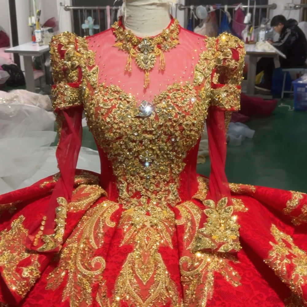 TW975 Red Evening Dress With Long Sleeves Crystal Embroidery Sequined Lace-Up Back Customizable Turtle Robe For Soirée Femme