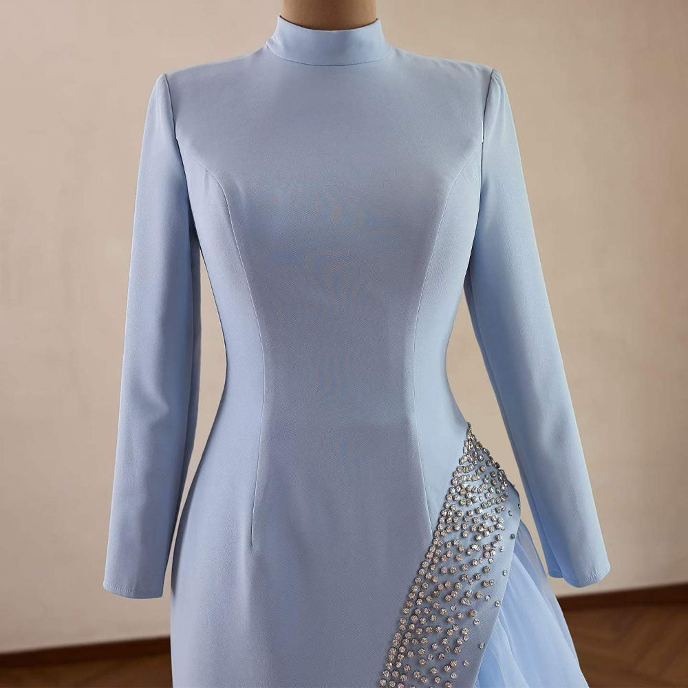 TW1081 2026 Light Blue Customizable High Long Sleeves Evening Dress Zipper Crystal Elegant Prom Dress