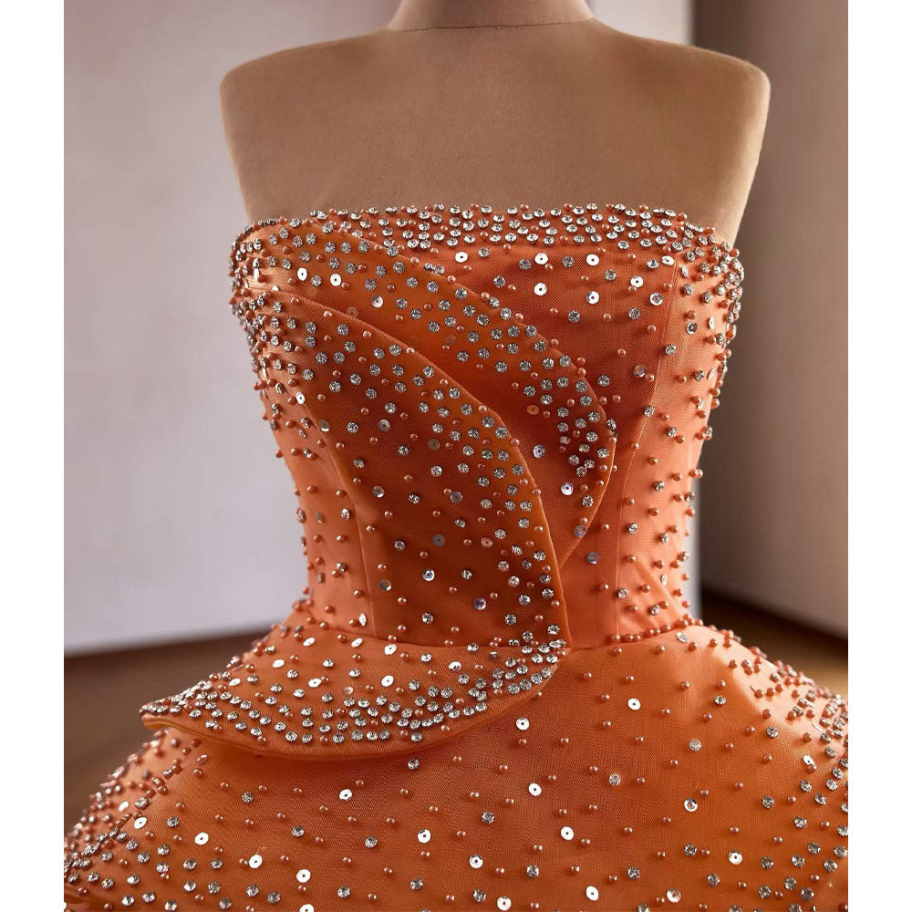 TW1090 2026 Orange Customizable Evening Dress Strapless Sleeveless Sequined Tiered Beading Lace-Up Back Gown For Women