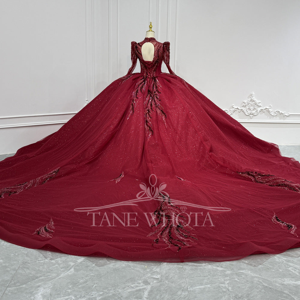 TW814 Customizable Red Evening Gown High Long Sleeves Lace-Up Keyhole Back Sequined Beading Robe Soirée Luxe 2026 Style For Women