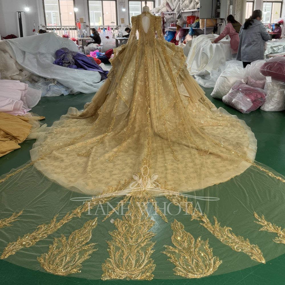 TW804 Customizable Gold Luxury Evening Dress V-Neck Long Sleeve Crystal Beaded Sequined Embroidery Lace Up Keyhole Back