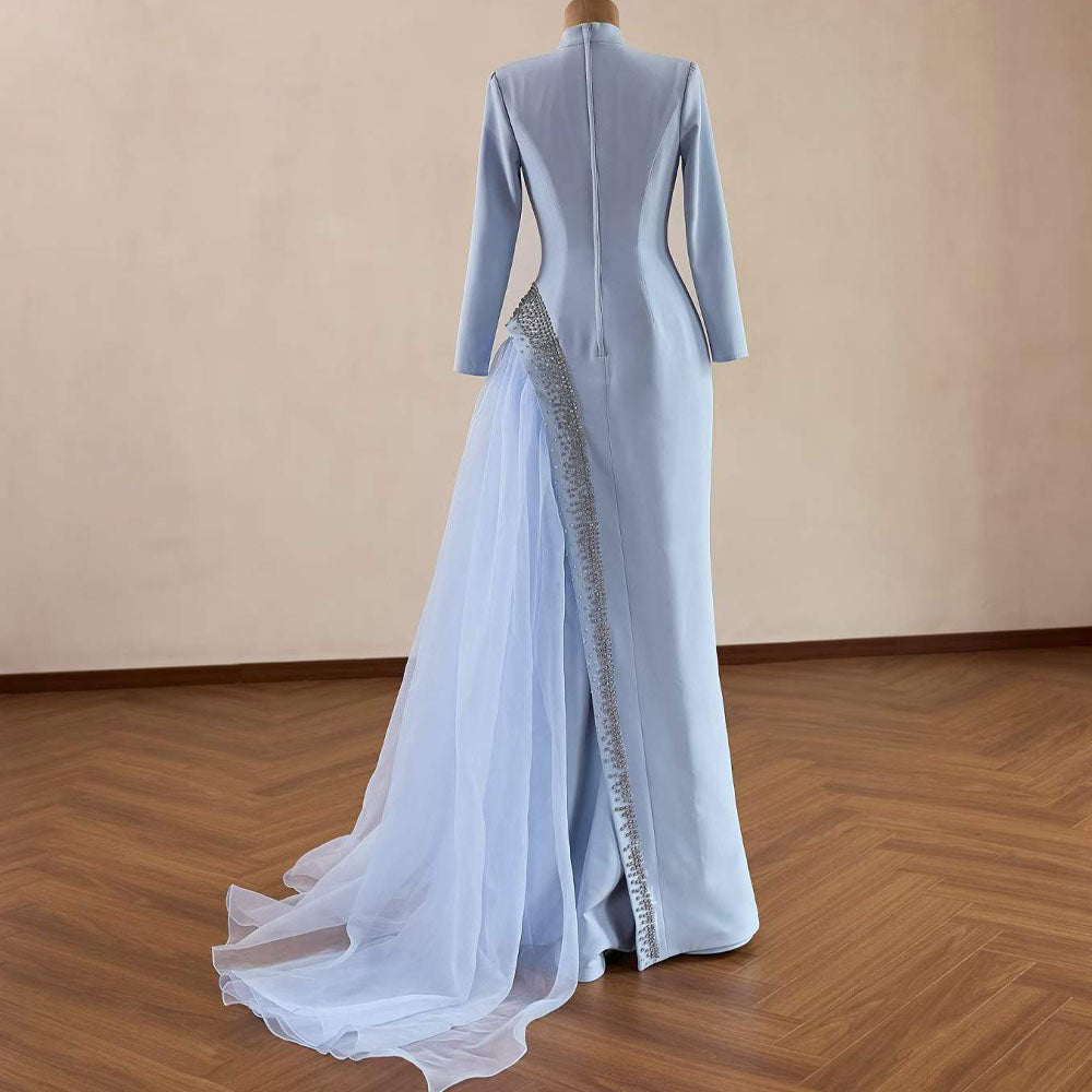 TW1081 2026 Light Blue Customizable High Long Sleeves Evening Dress Zipper Crystal Elegant Prom Dress