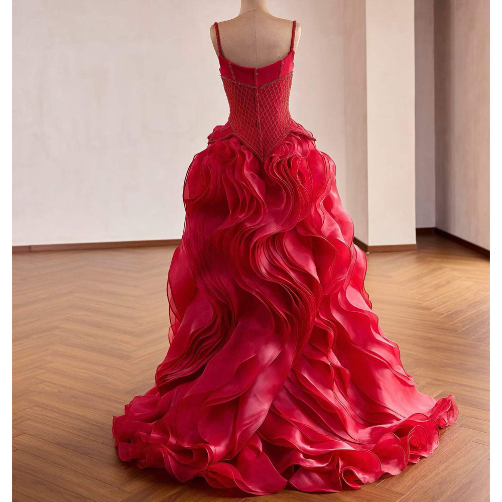 TW1110 Customizable Red Evening Gown Spaghetti Strap Zipper Beaded Ruffle Detail For Women