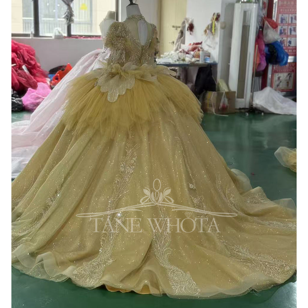 TW806 Customizable Yellow Evening Gown With High Long Sleeves Keyhole Back Crystal Beading Lace Up Prom Dress