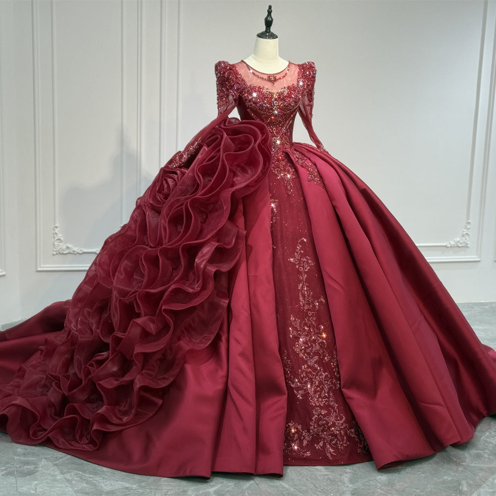 TW970 Red O-Neck Customizable Long Sleeves Lace-Up Keyhole Back Evening Dress Crystal Beading Luxury Dress 2026