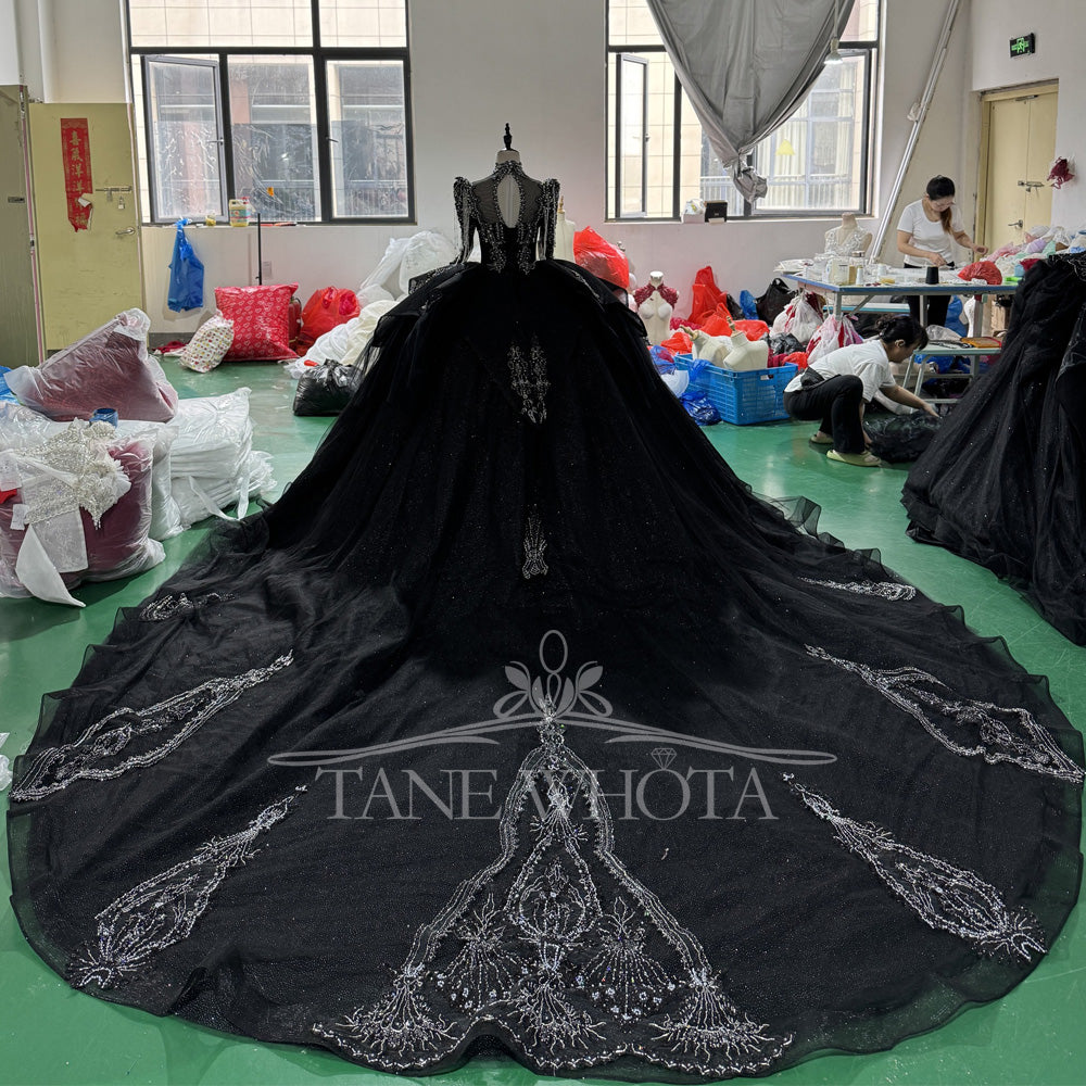 TW826 Turtle Black Customizable Long Sleeves Lace-Up Keyhole Back Evening Gown Crystal Beading Luxury Dress For Special Occasions