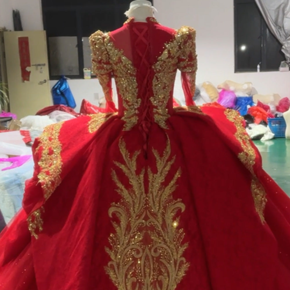 TW975 Red Evening Dress With Long Sleeves Crystal Embroidery Sequined Lace-Up Back Customizable Turtle Robe For Soirée Femme