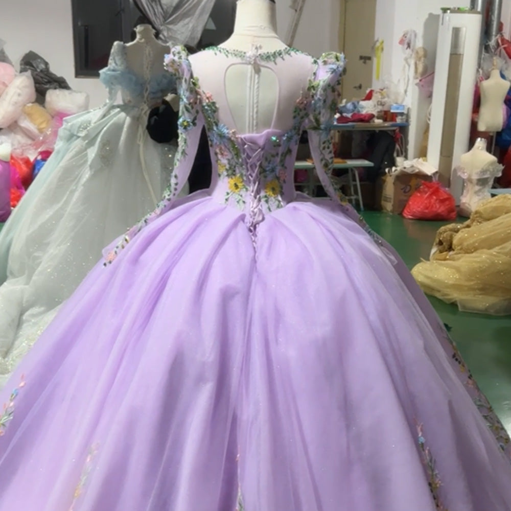 TW974 Purple Evening Dress O-Neck Long Sleeve Beaded Embroidery Lace-Up Keyhole Back Women's Customizable Gown For 2026