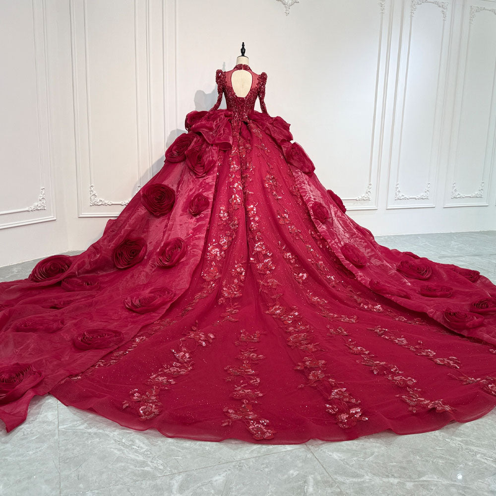 TW1085 Red Turtle Customizable Evening Dress With Long Sleeves Lace-Up Keyhole Back Crystal Beading Sequined 3D Flowers Luxury 2026
