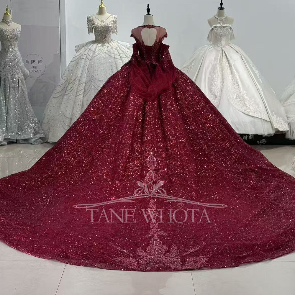 TW815 Customizable Red Evening Gown O-Neck Cap Sleeves Lace Up Keyhole Back Crystal Sequined Prom Dress For Women