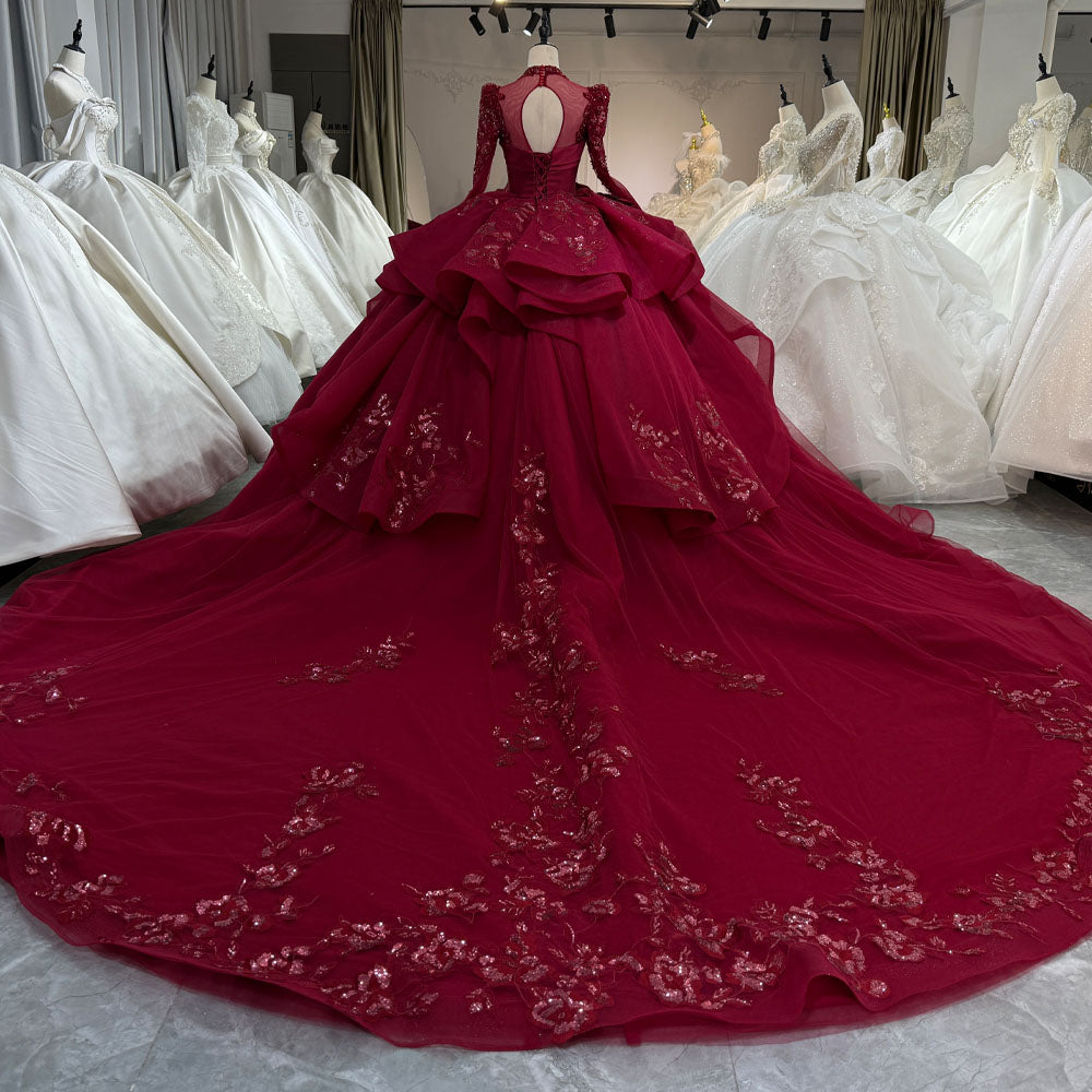 TW1086 Customizable Gorgeous Red Turtle Long Sleeves Lace-Up Keyhole Back Evening Prom Dress With Crystal Sequined 3D Flowers