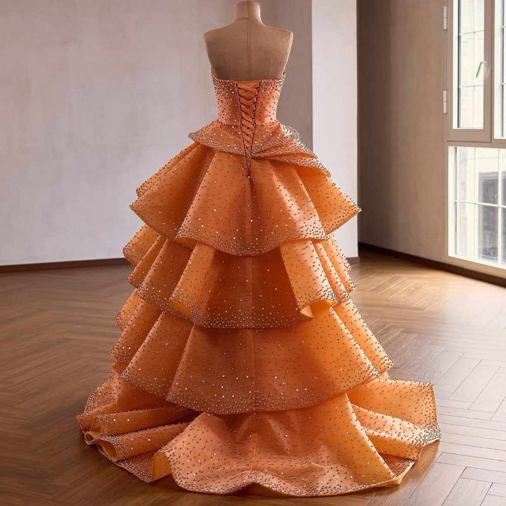 TW1090 2026 Orange Customizable Evening Dress Strapless Sleeveless Sequined Tiered Beading Lace-Up Back Gown For Women