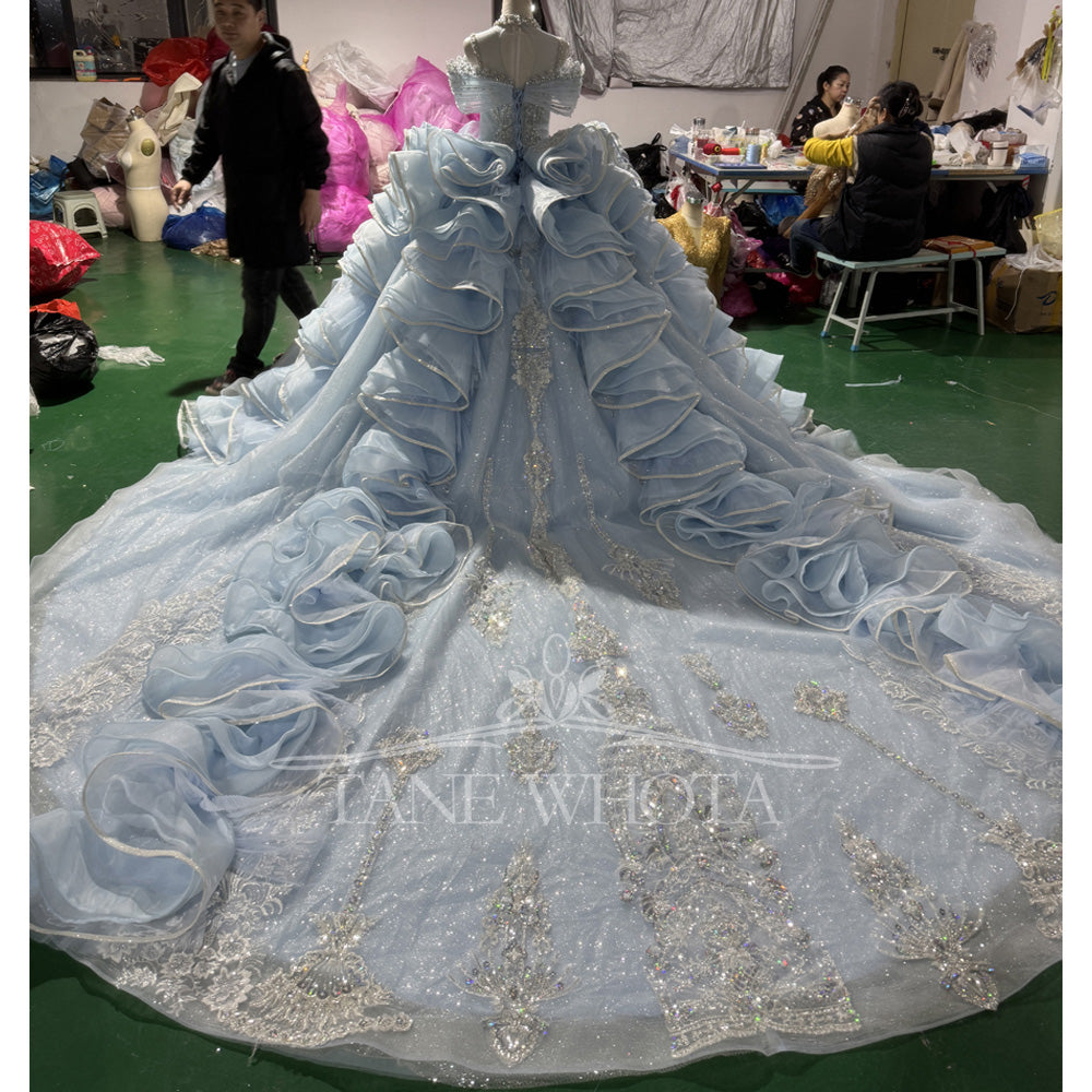 TW818 Customizable High-Neck Blue Evening Gown Off The Shoulder Lace-Up Keyhole Back Crystal Beaded Luxury Dress For 2026