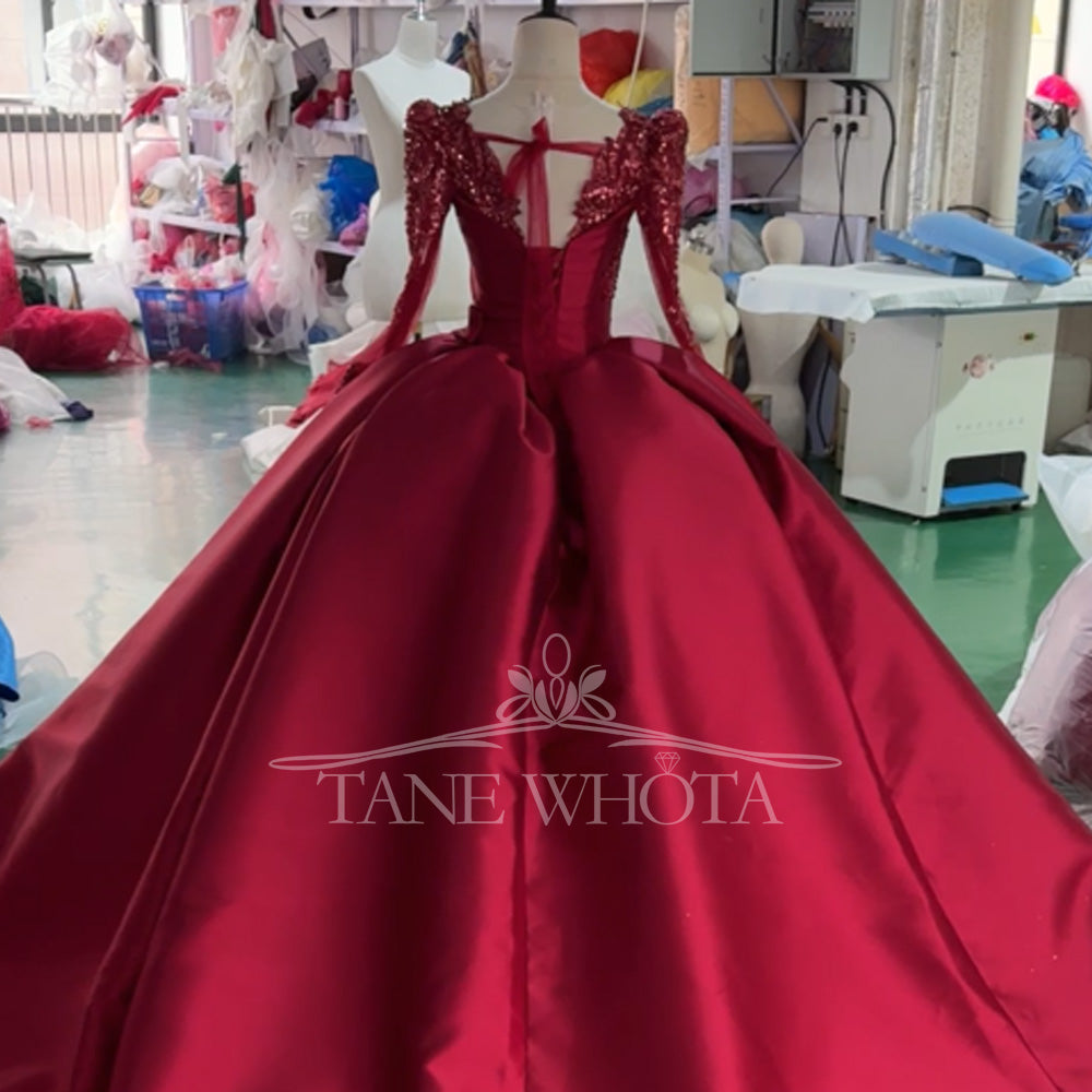 TW805 Customizable Red Evening Dress With Square Collar Long Sleeves Lace-Up Back Crystal Beading Embroidery For Women