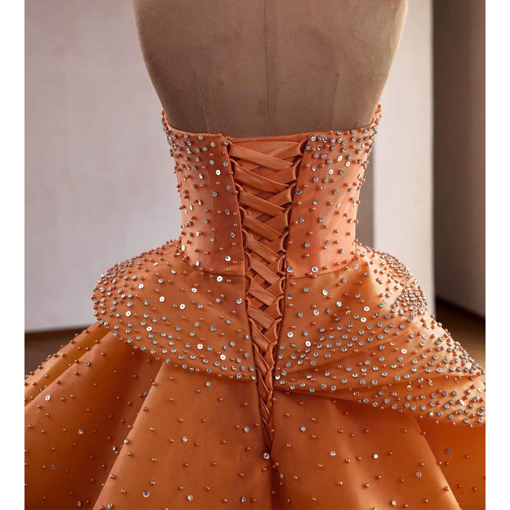 TW1090 2026 Orange Customizable Evening Dress Strapless Sleeveless Sequined Tiered Beading Lace-Up Back Gown For Women