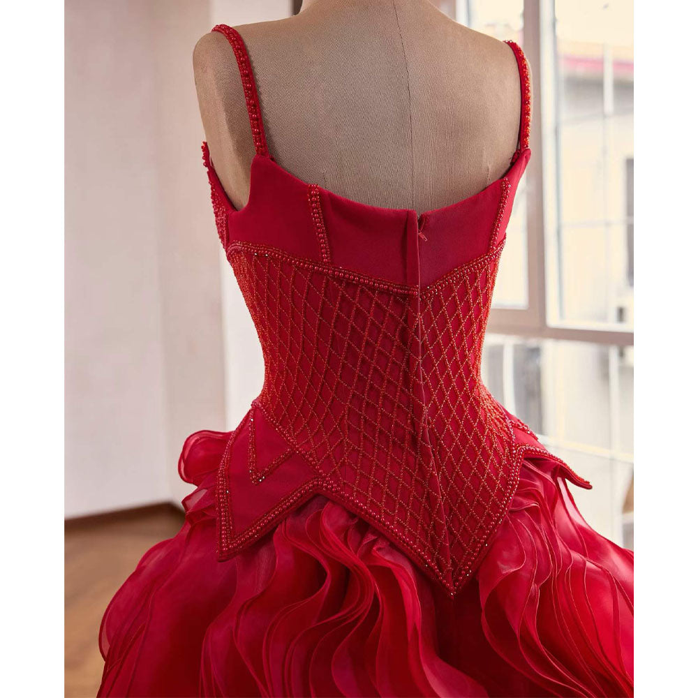 TW1110 Customizable Red Evening Gown Spaghetti Strap Zipper Beaded Ruffle Detail For Women