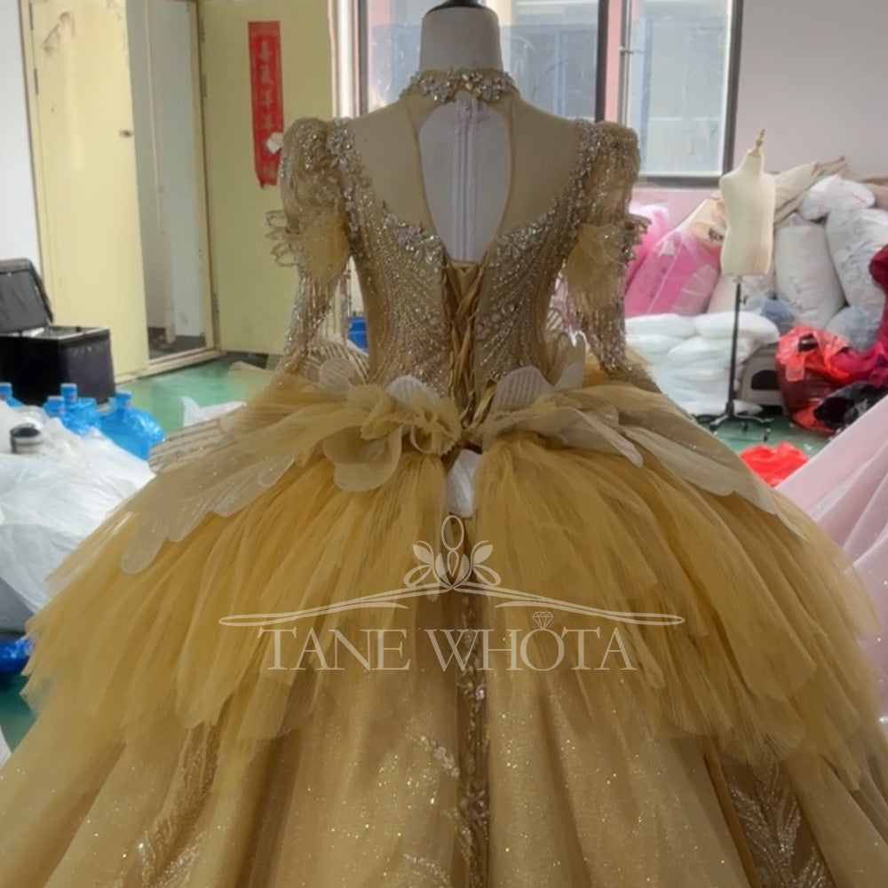 TW806 Customizable Yellow Evening Gown With High Long Sleeves Keyhole Back Crystal Beading Lace Up Prom Dress