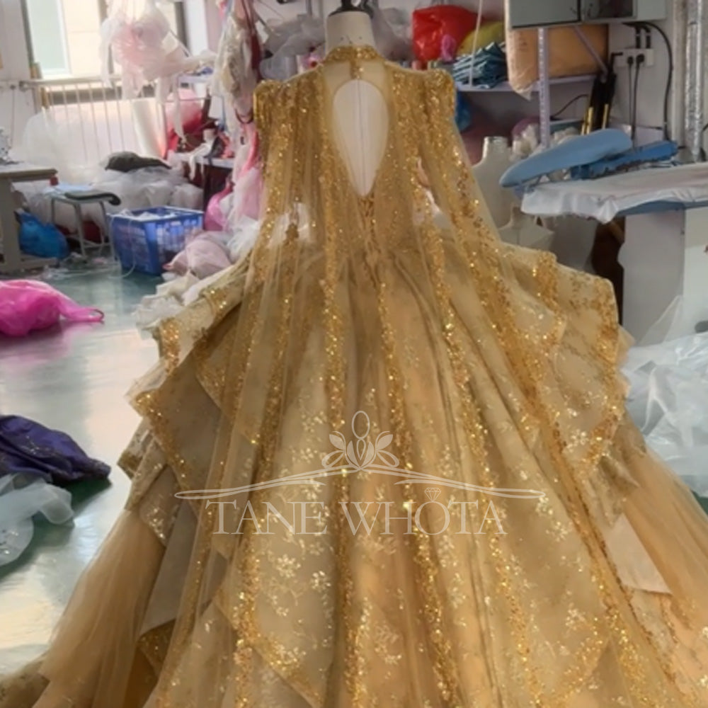 TW804 Customizable Gold Luxury Evening Dress V-Neck Long Sleeve Crystal Beaded Sequined Embroidery Lace Up Keyhole Back