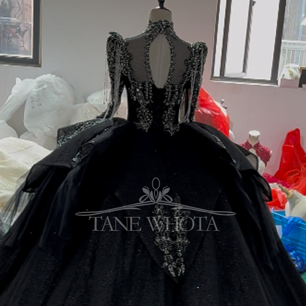 TW826 Turtle Black Customizable Long Sleeves Lace-Up Keyhole Back Evening Gown Crystal Beading Luxury Dress For Special Occasions