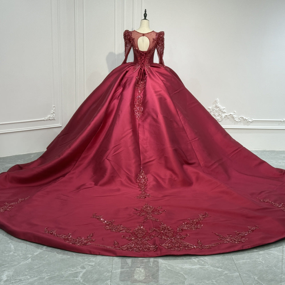 TW970 Red O-Neck Customizable Long Sleeves Lace-Up Keyhole Back Evening Dress Crystal Beading Luxury Dress 2026