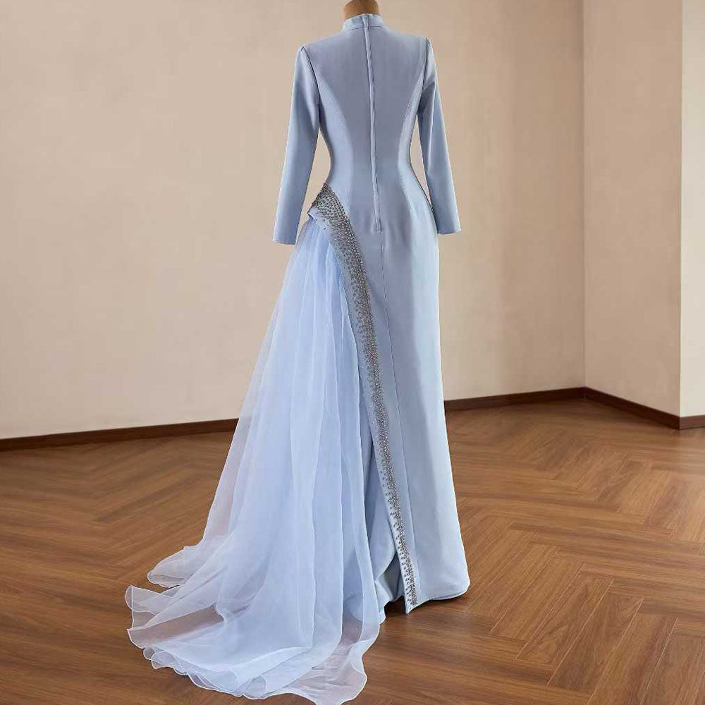 TW1081 2026 Light Blue Customizable High Long Sleeves Evening Dress Zipper Crystal Elegant Prom Dress