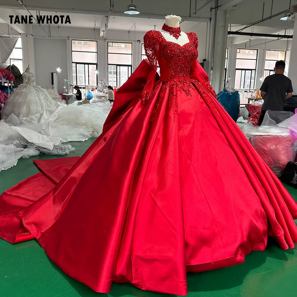 TW261 Robe De Soiree Sweetheart Long Sleeve Lace Up Back Luxury Evening Dress Bow Crystal Embroidery Beading Red Long Dress Customized