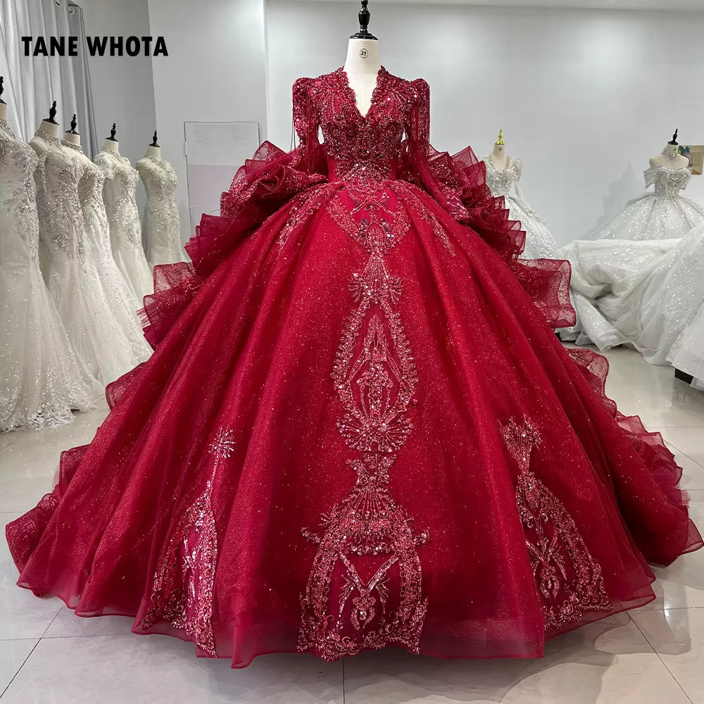 TW247 Evening Dress Luxury Scalloped Long Sleeve Crystal Embroidery Beaded Keyhole Back Red Ruffles Long Dresses For Special Occasions