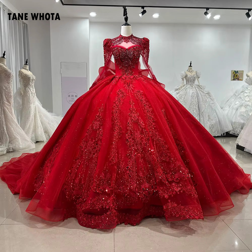 TW249 Women's Evening Dress High Long Sleeve Keyhole Back Crystal Embroidery Beaded Bow Red Long Dresses For Special Occasions