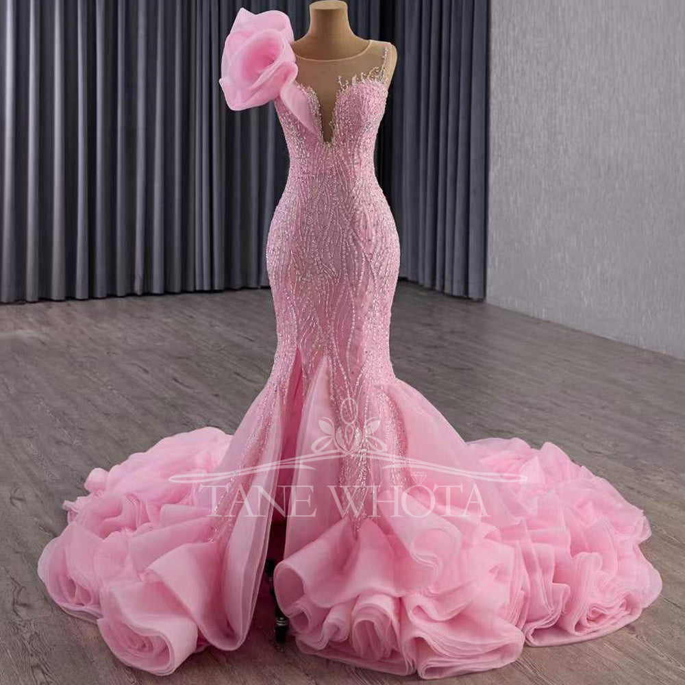 TW579 Luxury O-Neck Sleeveless Evening Dress Lace-Up Back Sequins Crystal Sheath Pink Prom Gown Customized Fit 2025