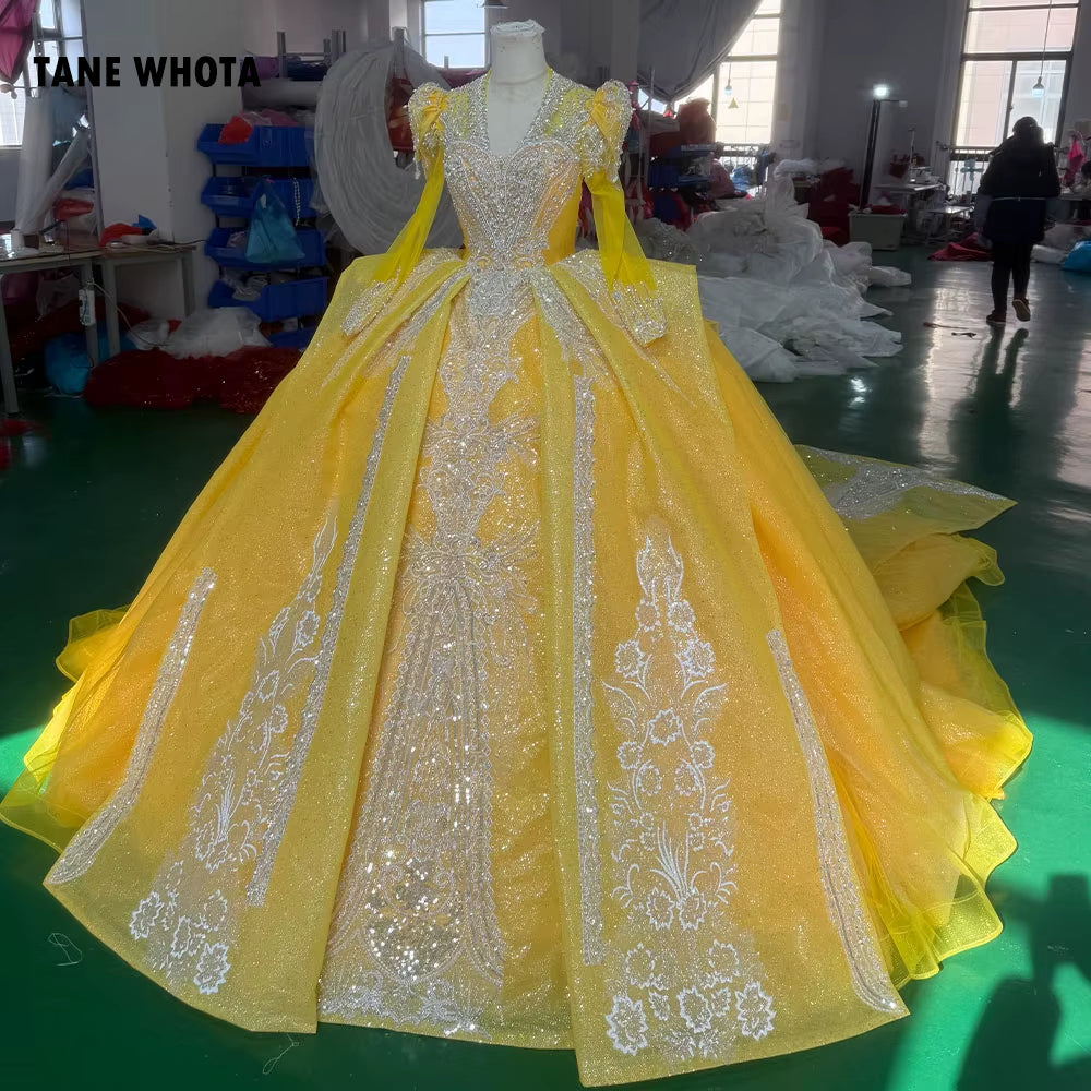 TW254 Luxurious Women's Evening Dresses V-Neck Long Sleeve Lace Up Keyhole Back Crystal Embroidery Beadind Yellow Long Dresses