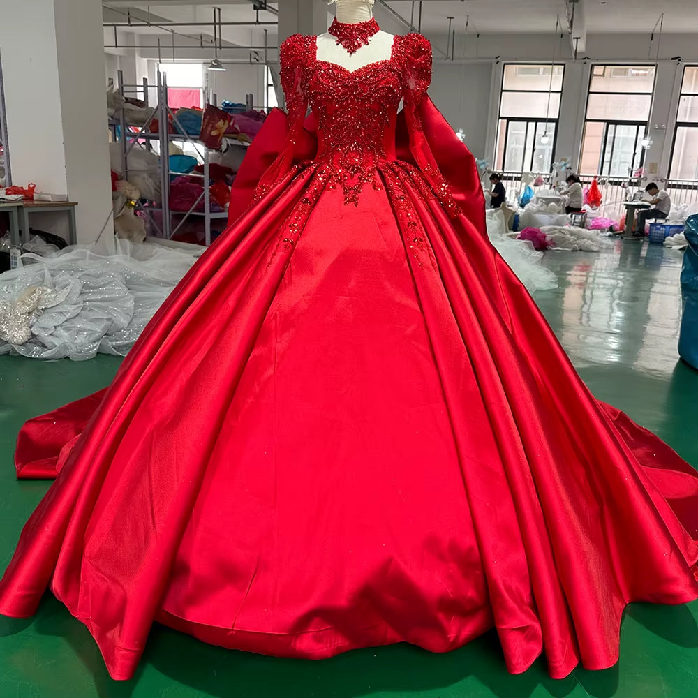 TW261 Robe De Soiree Sweetheart Long Sleeve Lace Up Back Luxury Evening Dress Bow Crystal Embroidery Beading Red Long Dress Customized