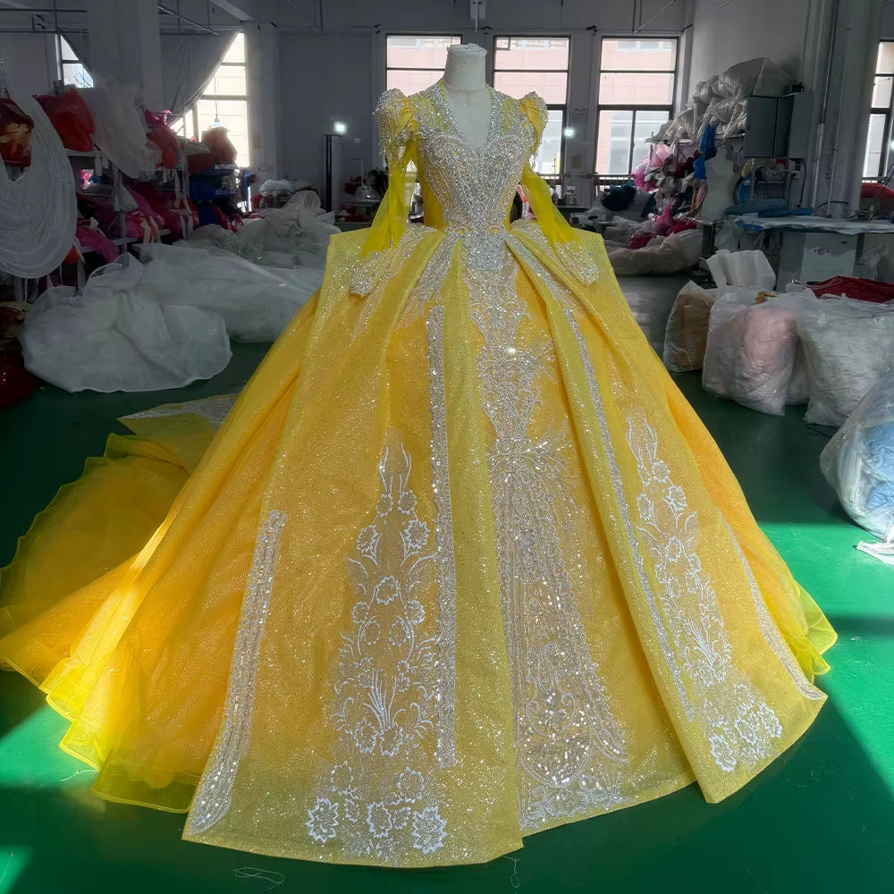 TW254 Luxurious Women's Evening Dresses V-Neck Long Sleeve Lace Up Keyhole Back Crystal Embroidery Beadind Yellow Long Dresses