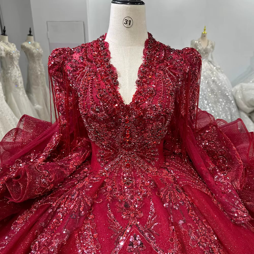 TW247 Evening Dress Luxury Scalloped Long Sleeve Crystal Embroidery Beaded Keyhole Back Red Ruffles Long Dresses For Special Occasions