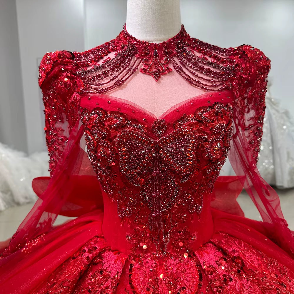 TW249 Women's Evening Dress High Long Sleeve Keyhole Back Crystal Embroidery Beaded Bow Red Long Dresses For Special Occasions