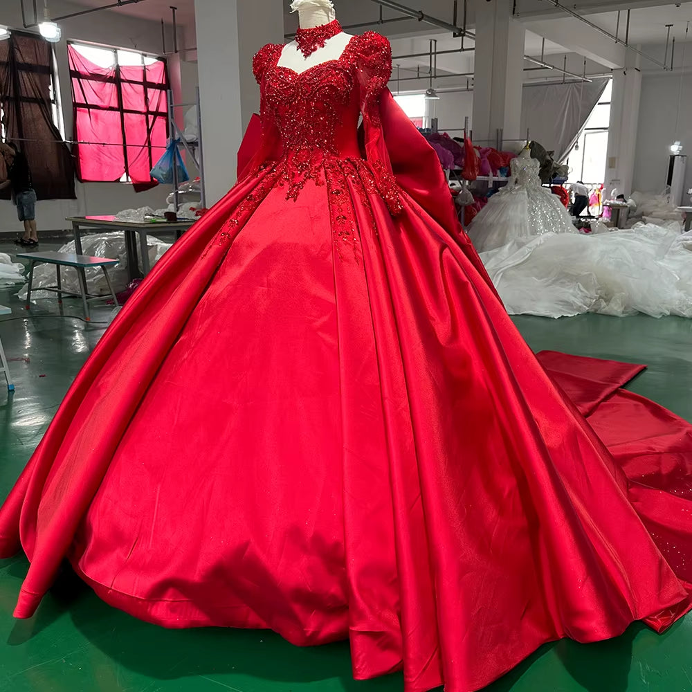 TW261 Robe De Soiree Sweetheart Long Sleeve Lace Up Back Luxury Evening Dress Bow Crystal Embroidery Beading Red Long Dress Customized