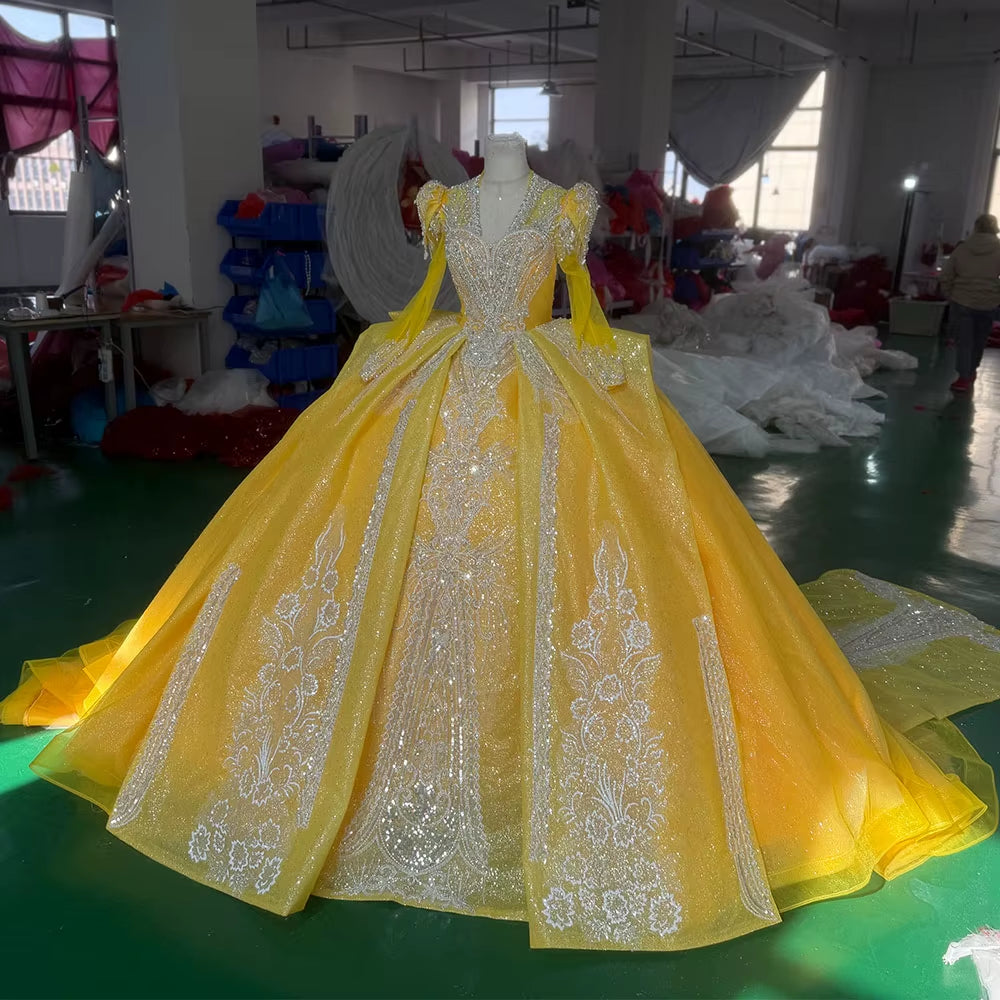 TW254 Luxurious Women's Evening Dresses V-Neck Long Sleeve Lace Up Keyhole Back Crystal Embroidery Beadind Yellow Long Dresses
