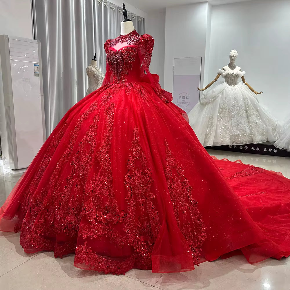 TW249 Women's Evening Dress High Long Sleeve Keyhole Back Crystal Embroidery Beaded Bow Red Long Dresses For Special Occasions