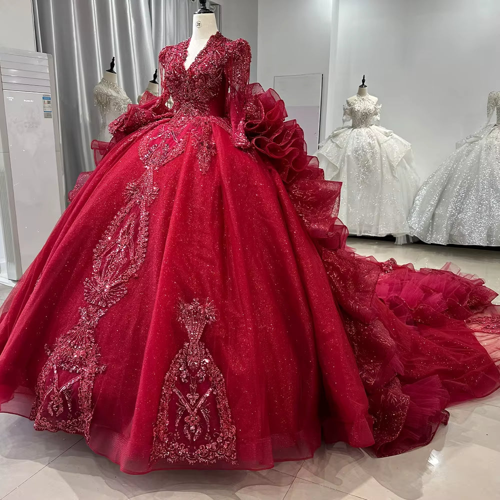TW247 Evening Dress Luxury Scalloped Long Sleeve Crystal Embroidery Beaded Keyhole Back Red Ruffles Long Dresses For Special Occasions