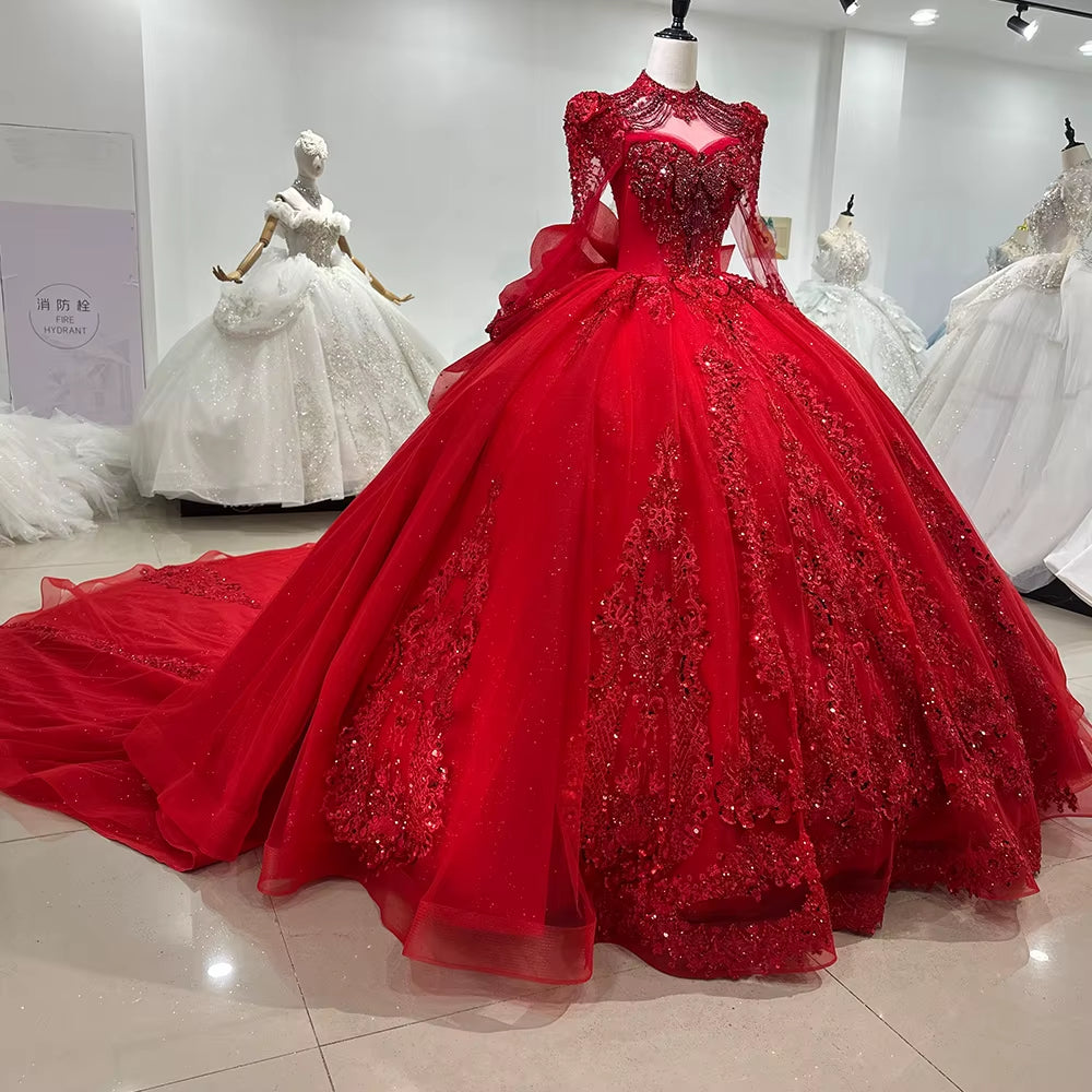 TW249 Women's Evening Dress High Long Sleeve Keyhole Back Crystal Embroidery Beaded Bow Red Long Dresses For Special Occasions