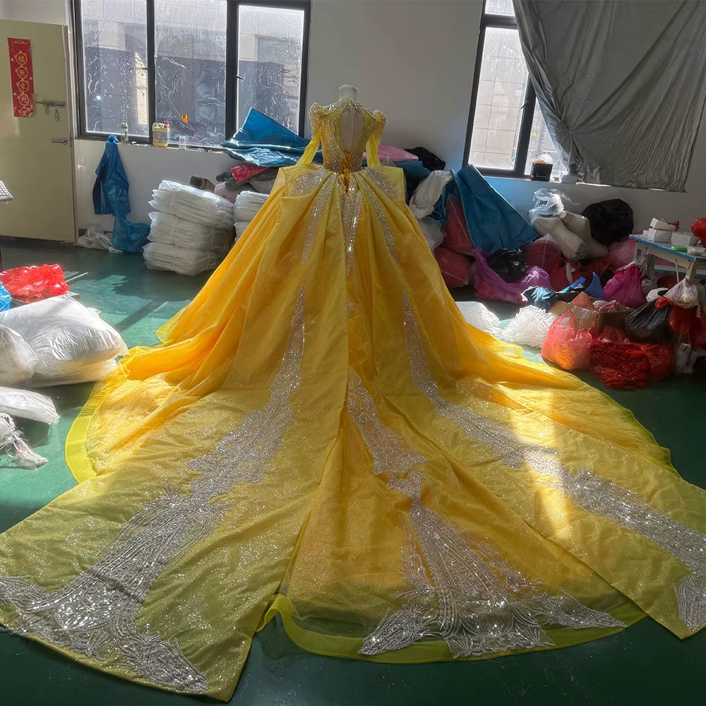 TW254 Luxurious Women's Evening Dresses V-Neck Long Sleeve Lace Up Keyhole Back Crystal Embroidery Beadind Yellow Long Dresses