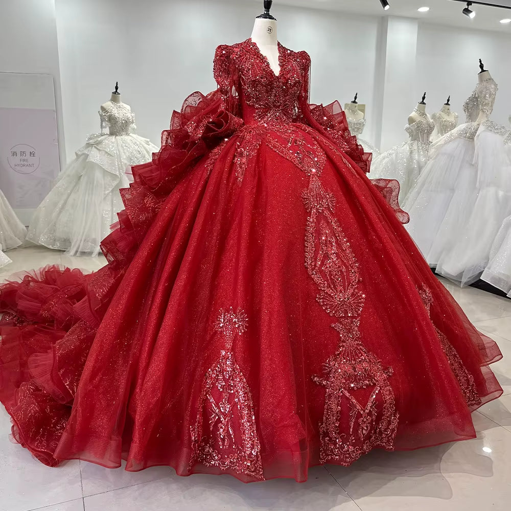 TW247 Evening Dress Luxury Scalloped Long Sleeve Crystal Embroidery Beaded Keyhole Back Red Ruffles Long Dresses For Special Occasions