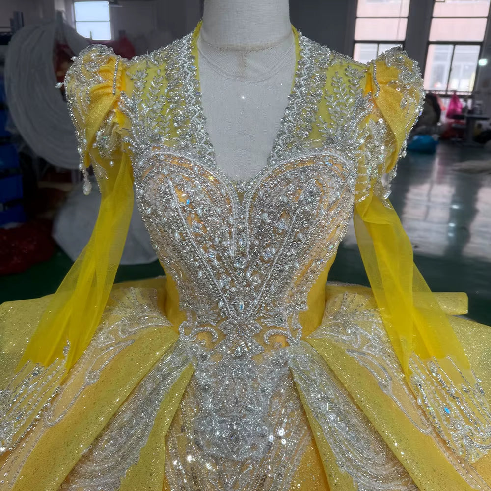 TW254 Luxurious Women's Evening Dresses V-Neck Long Sleeve Lace Up Keyhole Back Crystal Embroidery Beadind Yellow Long Dresses