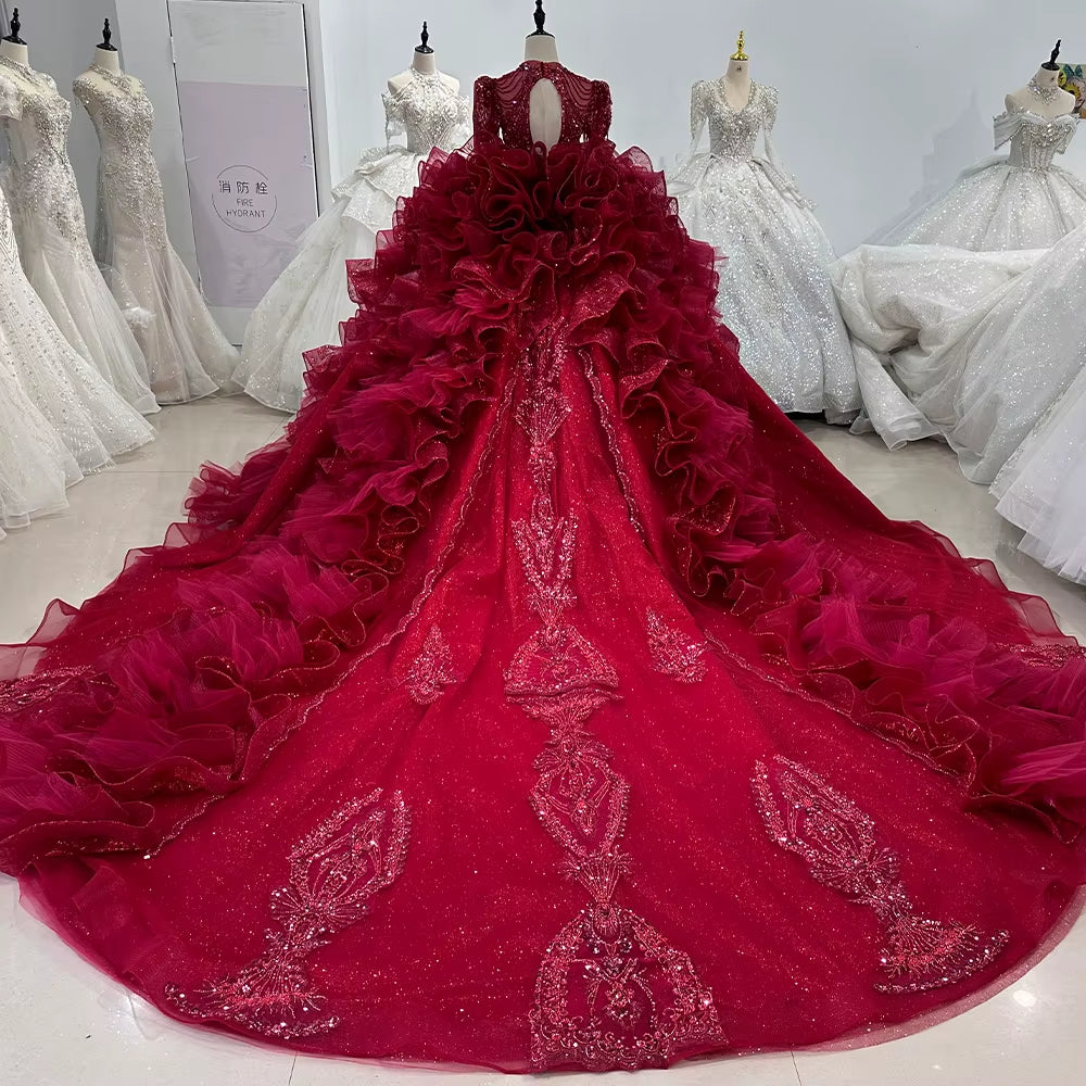 TW247 Evening Dress Luxury Scalloped Long Sleeve Crystal Embroidery Beaded Keyhole Back Red Ruffles Long Dresses For Special Occasions