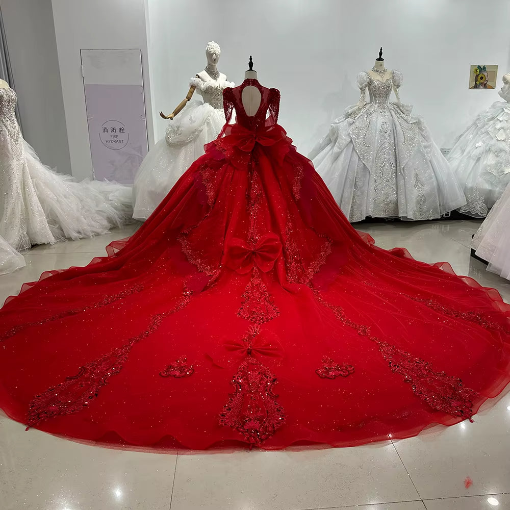 TW249 Women's Evening Dress High Long Sleeve Keyhole Back Crystal Embroidery Beaded Bow Red Long Dresses For Special Occasions