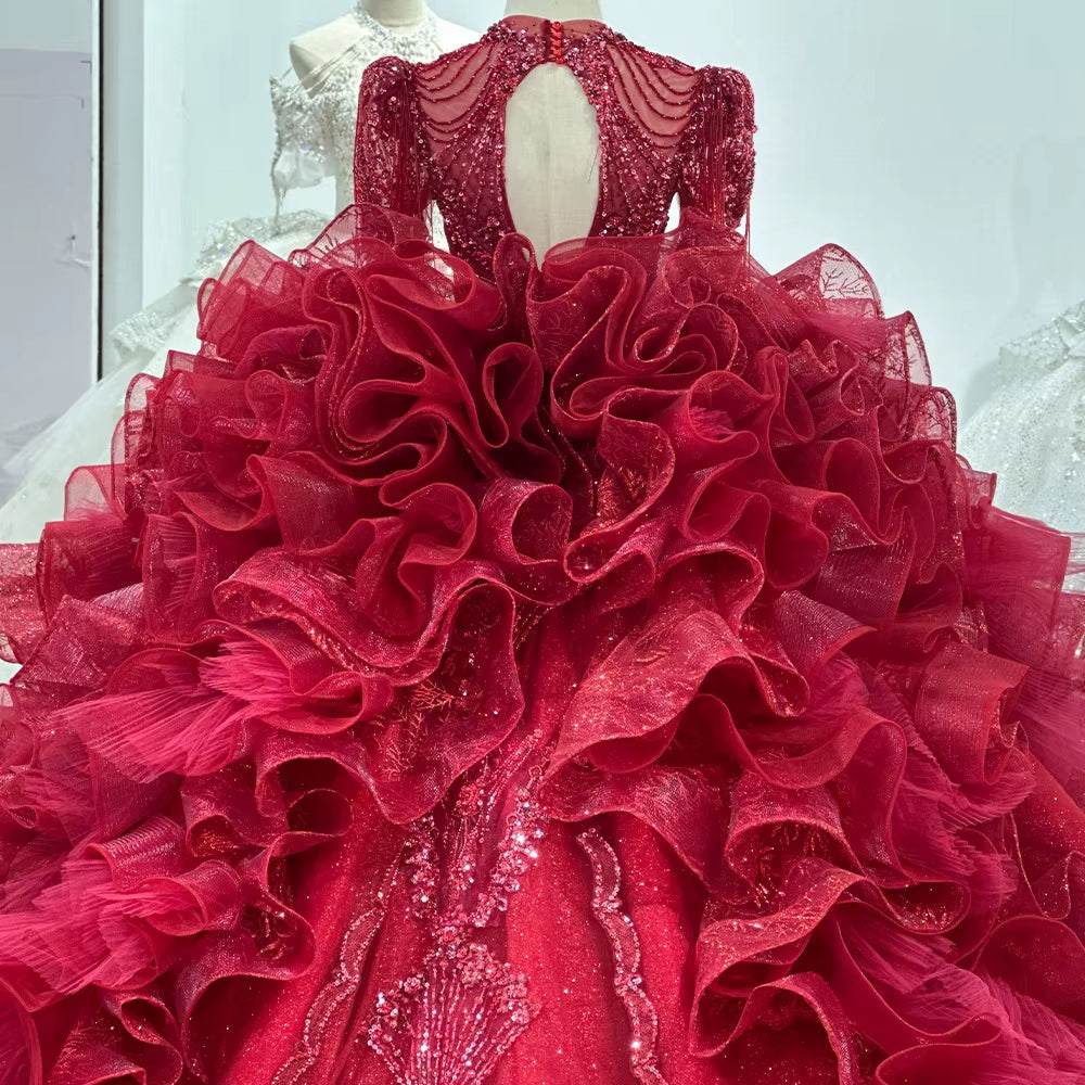 TW247 Evening Dress Luxury Scalloped Long Sleeve Crystal Embroidery Beaded Keyhole Back Red Ruffles Long Dresses For Special Occasions
