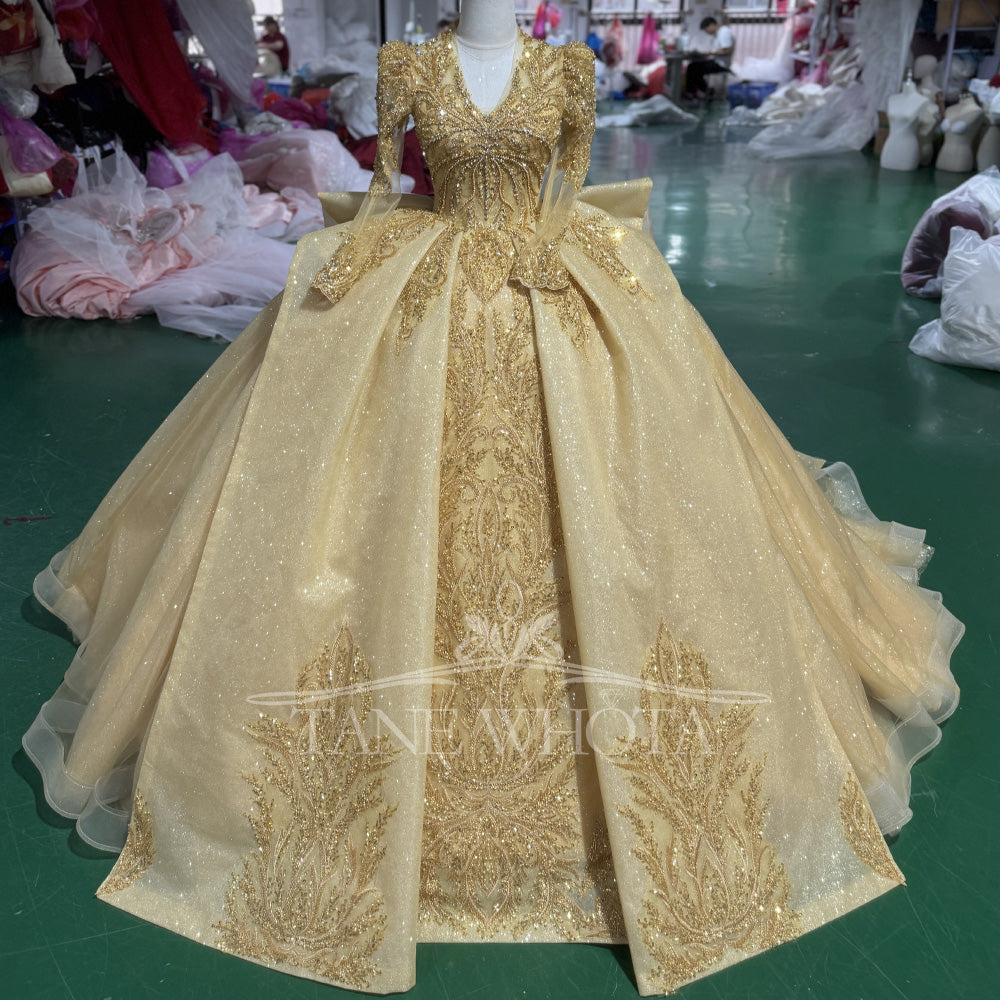 TW506 Elegant V-Neck Evening Dress 2025 Long Sleeve Lace-Up Back Sequined Beading Yellow Ball Gown For Women Party Wear