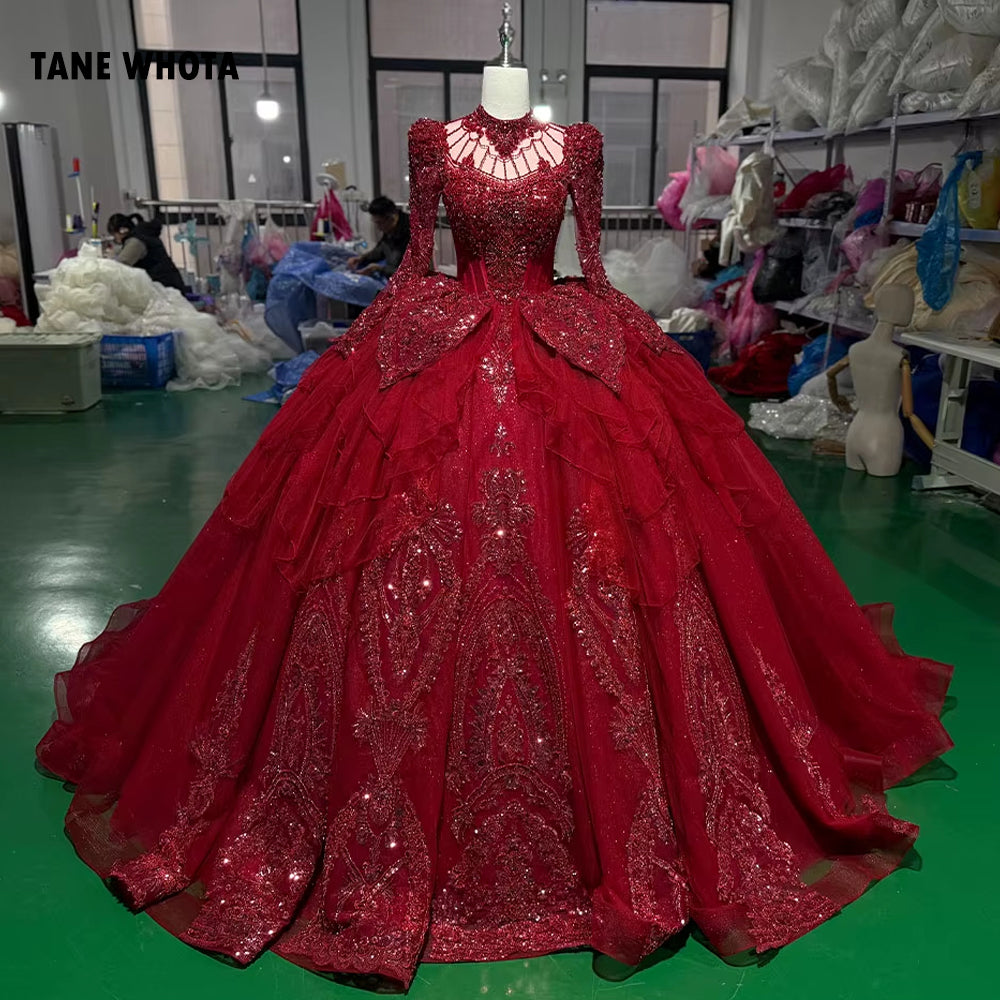 TW256 Evening Dresses Luxury Party Long Sleeve High Keyhole Back Crystal Embroidery Beading Red Long Dresses For Special Occasions