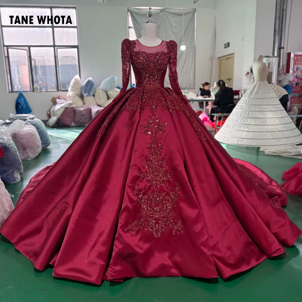 TW255 Women's Evening Dress Long Sleeve O-Neck Lace Up Keyhole Back Crystal Embroidery Beaded Red Long Dresses For Special Occasions