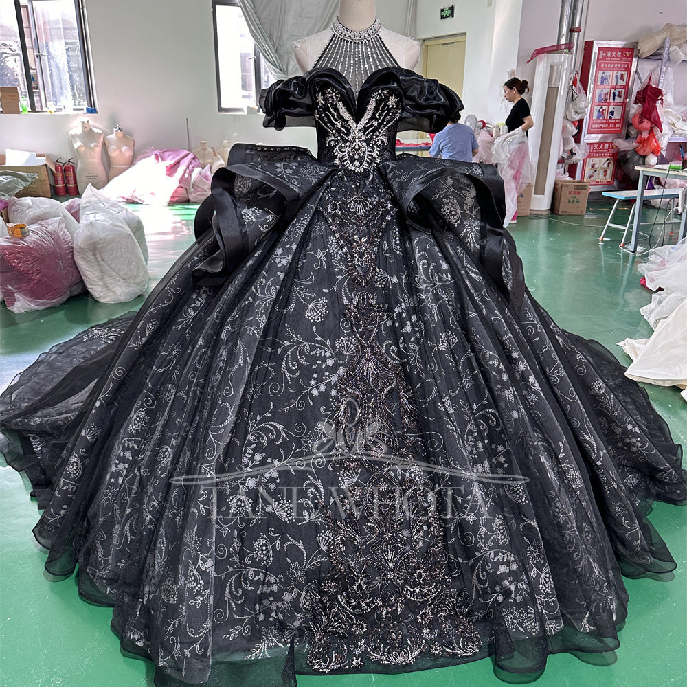 TW454 Black Long Evening Dress Robe Soirée Halter Off-Shoulder Sequined Embroidery Crystal Detail Customizable Size for Women